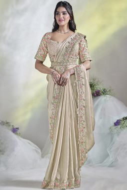 Cream Two Tone Satin Silk Moti Work Designer Saree