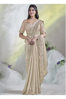 Cream Two Tone Satin Silk Moti Work Designer Saree