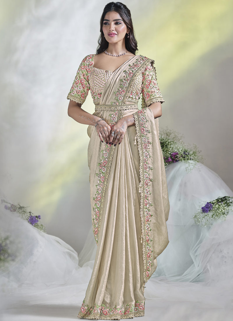 Cream Two Tone Satin Silk Moti Work Designer Saree