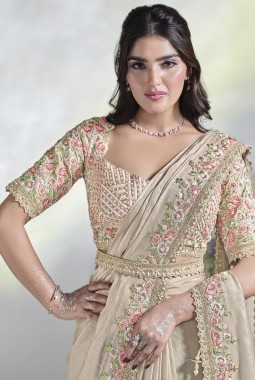 Cream Two Tone Satin Silk Moti Work Designer Saree