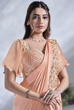 Peach Crepe Satin Silk Sequins Designer Saree