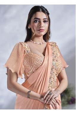 Peach Crepe Satin Silk Sequins Designer Saree