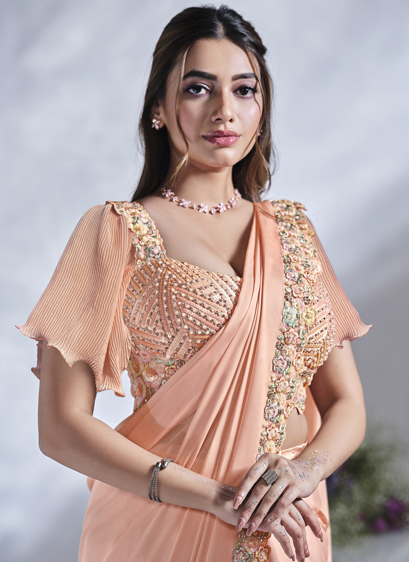 Peach Crepe Satin Silk Sequins Designer Saree