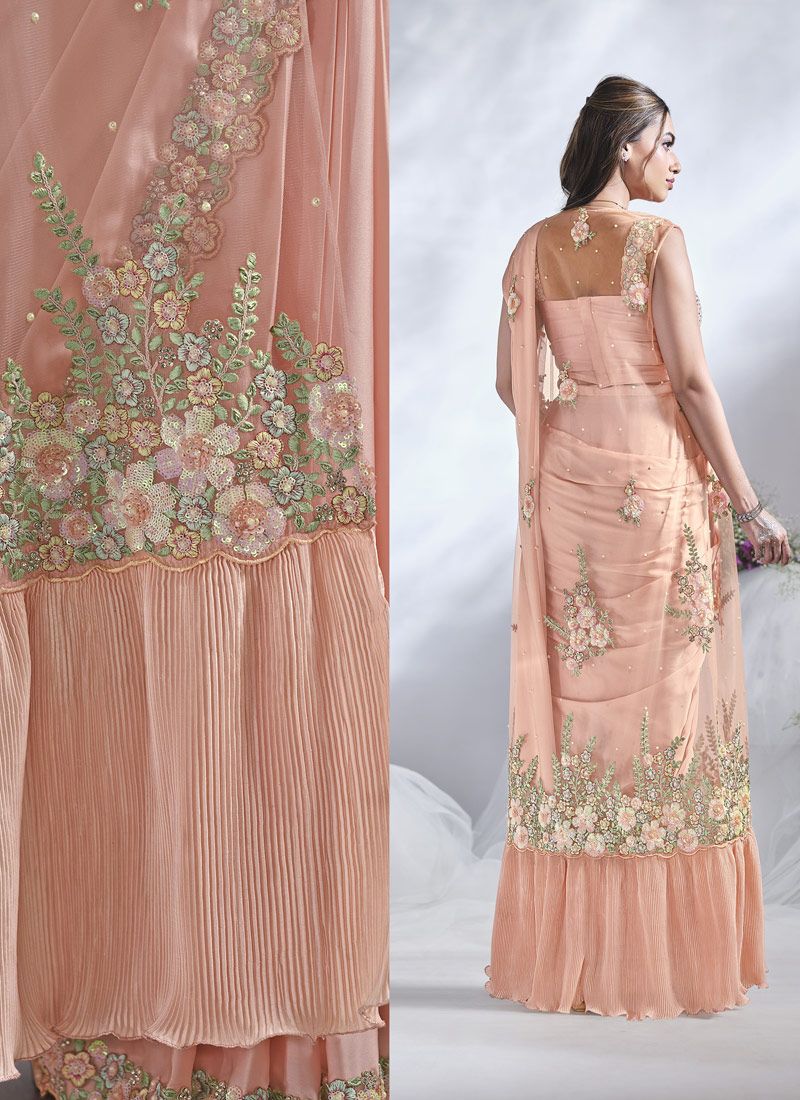 Peach Crepe Satin Silk Sequins Designer Saree