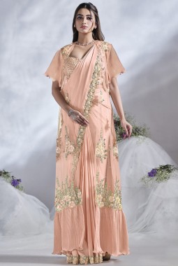 Peach Crepe Satin Silk Sequins Designer Saree