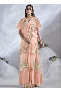 Peach Crepe Satin Silk Sequins Designer Saree