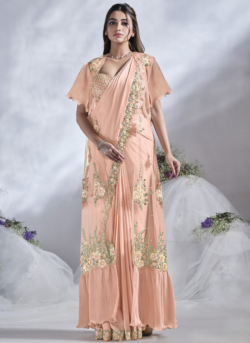 Peach Crepe Satin Silk Sequins Designer Saree