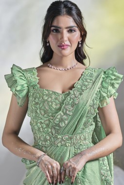 Sea Green Two Tone Satin Silk Hand Work Designer Saree