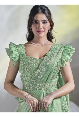 Sea Green Two Tone Satin Silk Hand Work Designer Saree