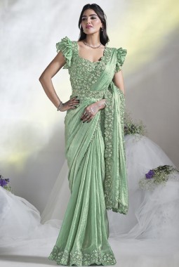 Sea Green Two Tone Satin Silk Hand Work Designer Saree