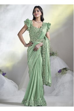 Sea Green Two Tone Satin Silk Hand Work Designer Saree