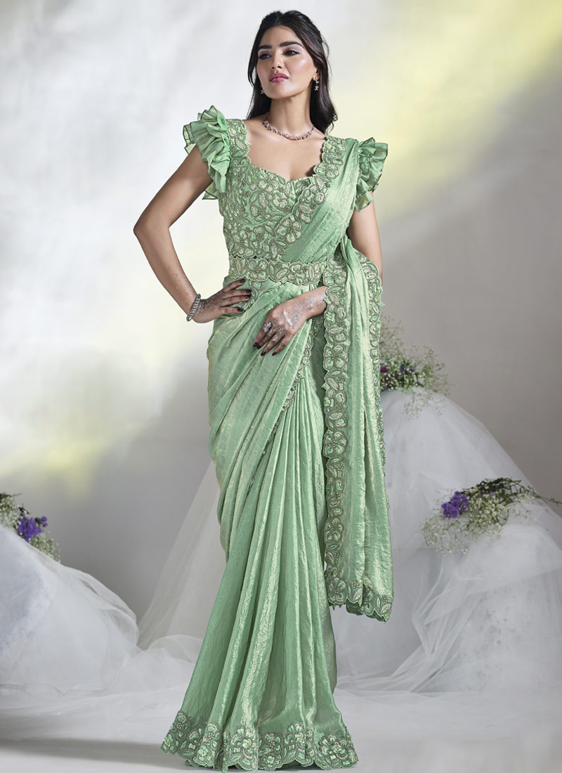 Sea Green Two Tone Satin Silk Hand Work Designer Saree