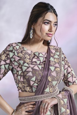 Lavender Crepe Satin Silk Hand Work Designer Saree