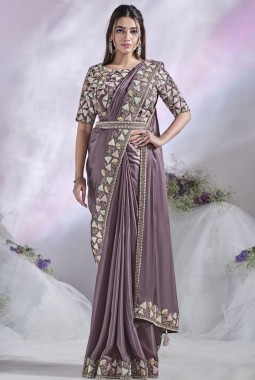 Lavender Crepe Satin Silk Hand Work Designer Saree