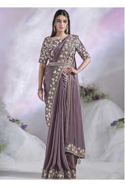 Lavender Crepe Satin Silk Hand Work Designer Saree