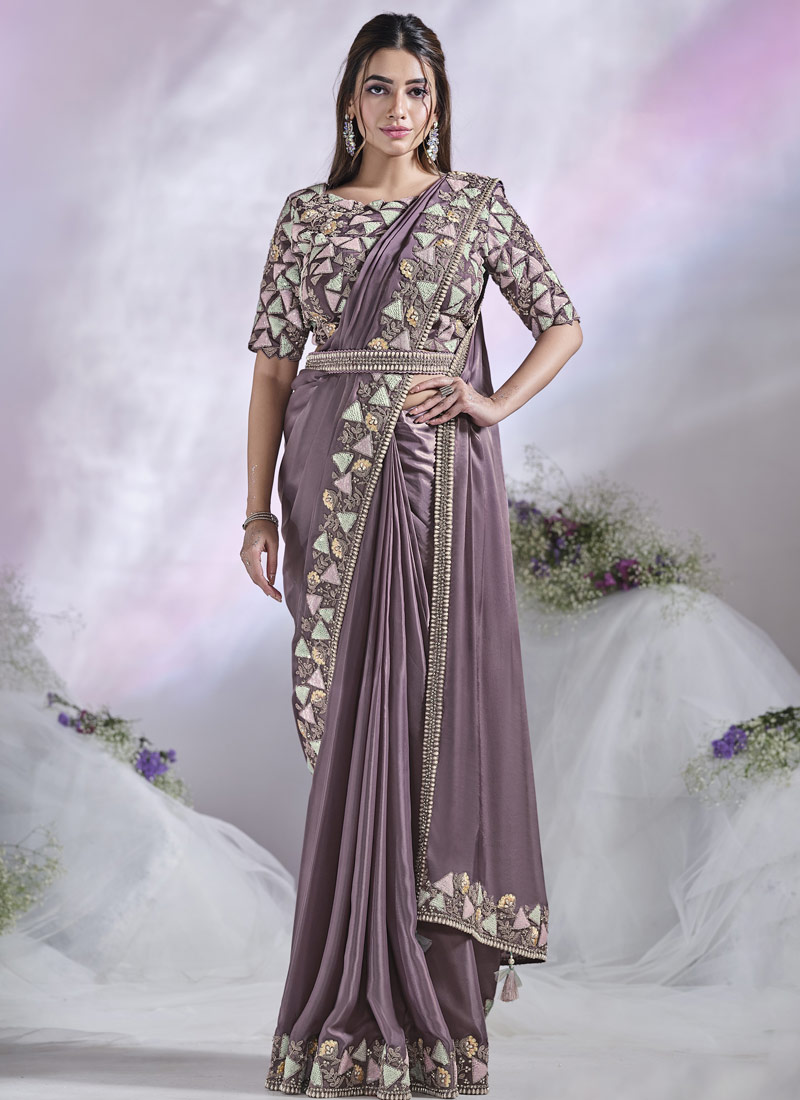 Lavender Crepe Satin Silk Hand Work Designer Saree