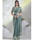 Aqua Blue Crepe Satin Silk Sequins Designer Saree 