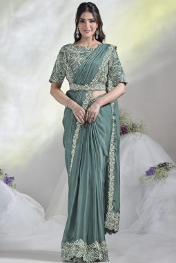 Aqua Blue Crepe Satin Silk Sequins Designer Saree 