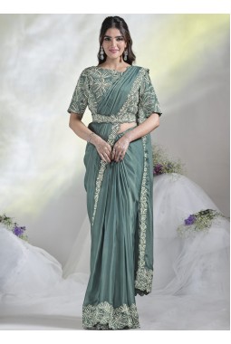 Aqua Blue Crepe Satin Silk Sequins Designer Saree 