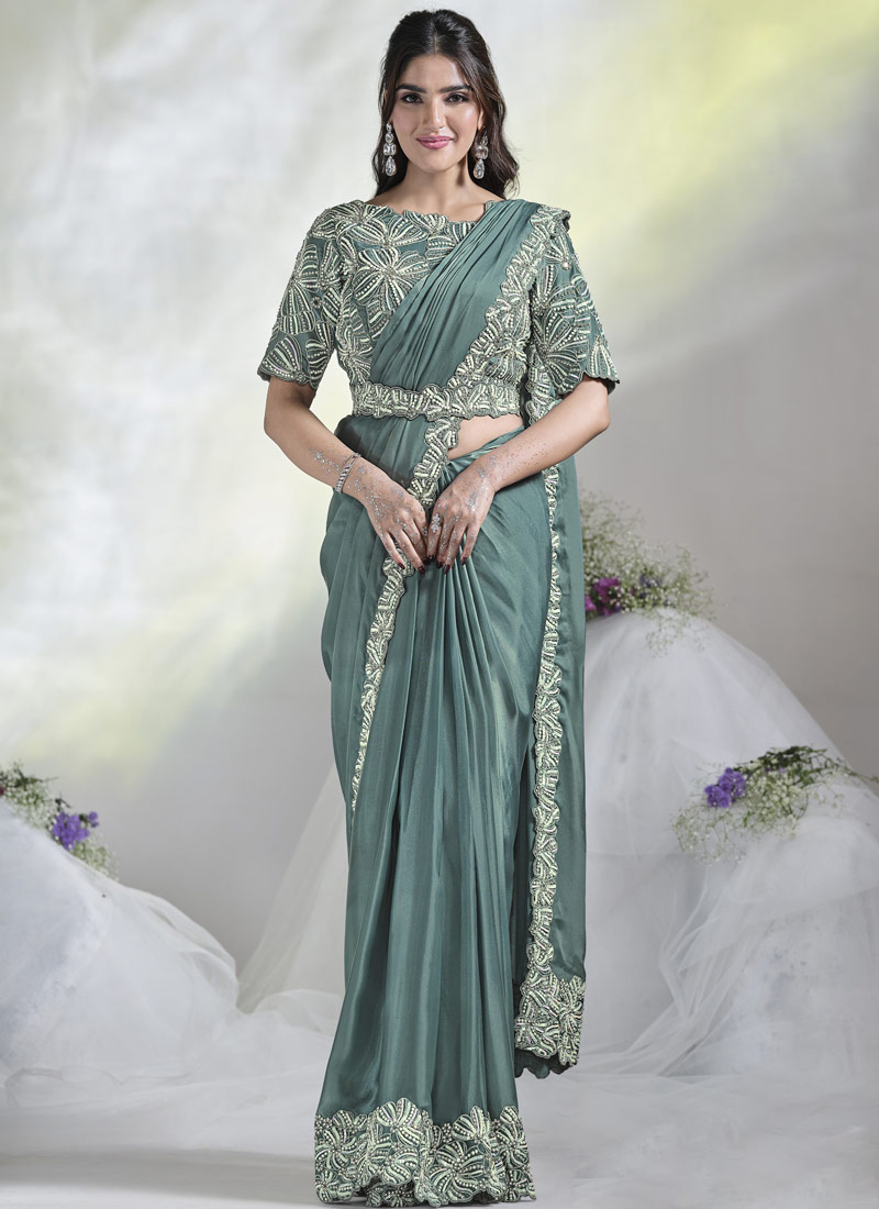 Aqua Blue Crepe Satin Silk Sequins Designer Saree 