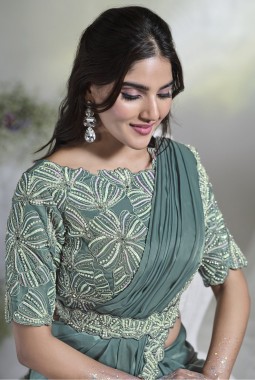 Aqua Blue Crepe Satin Silk Sequins Designer Saree 