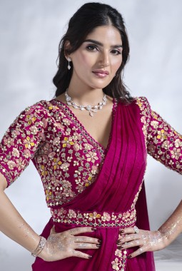 Pink Two Tone Satin Silk Mirror Work Designer Saree