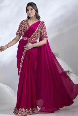 Pink Two Tone Satin Silk Mirror Work Designer Saree