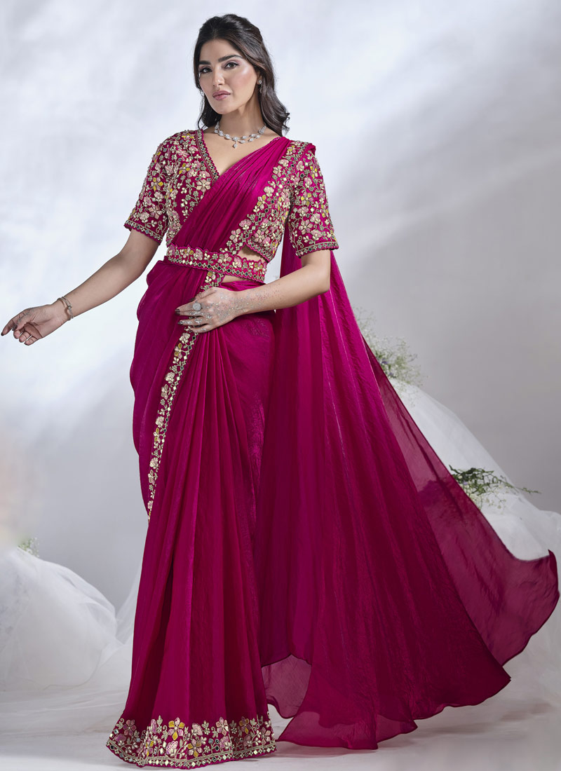 Pink Two Tone Satin Silk Mirror Work Designer Saree