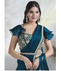 Teal Blue Two Tone Satin Silk Moti Work Designer Saree