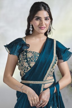 Teal Blue Two Tone Satin Silk Moti Work Designer Saree