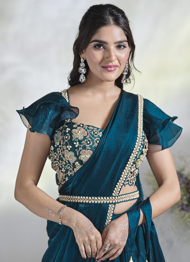 Teal Blue Two Tone Satin Silk Moti Work Designer Saree