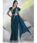 Teal Blue Two Tone Satin Silk Moti Work Designer Saree