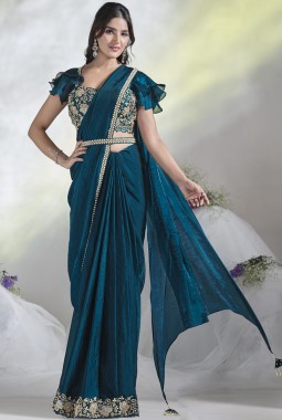 Teal Blue Two Tone Satin Silk Moti Work Designer Saree