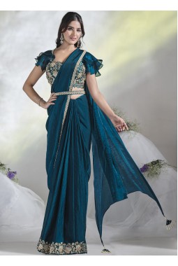 Teal Blue Two Tone Satin Silk Moti Work Designer Saree