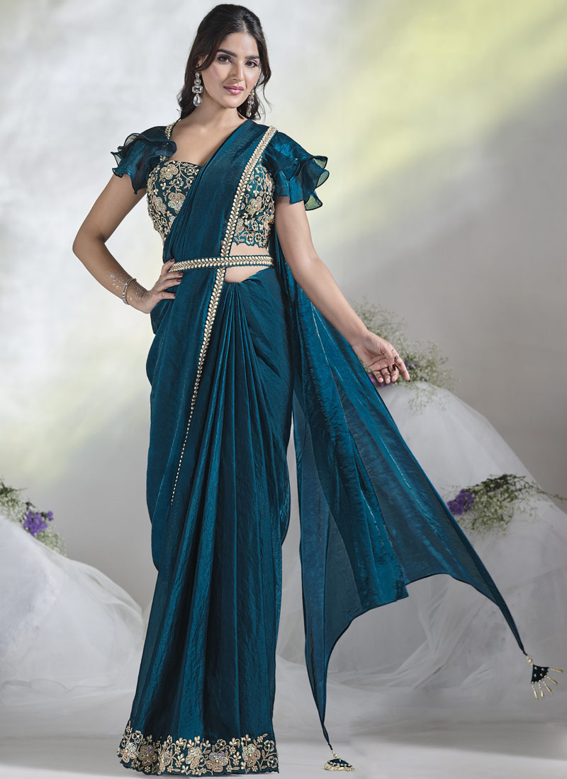 Teal Blue Two Tone Satin Silk Moti Work Designer Saree