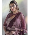 Wine Crepe Satin Silk Mirror Work Designer Saree