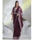 Wine Crepe Satin Silk Mirror Work Designer Saree