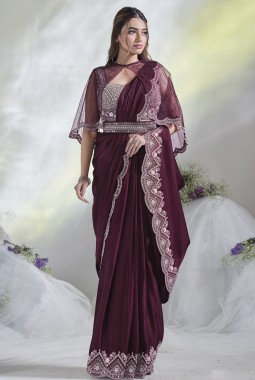 Wine Crepe Satin Silk Mirror Work Designer Saree