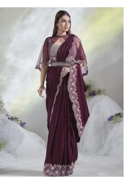 Wine Crepe Satin Silk Mirror Work Designer Saree