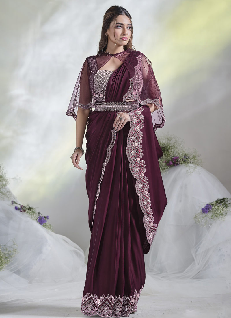 Wine Crepe Satin Silk Mirror Work Designer Saree