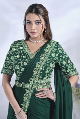 Green Crepe Satin Silk Zardosi Work Designer Saree