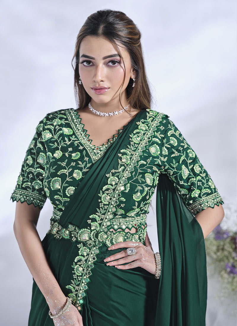 Green Crepe Satin Silk Zardosi Work Designer Saree