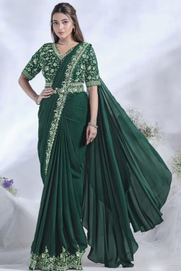 Green Crepe Satin Silk Zardosi Work Designer Saree