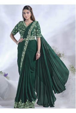 Green Crepe Satin Silk Zardosi Work Designer Saree