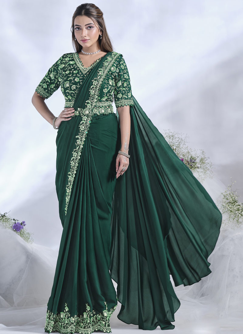 Green Crepe Satin Silk Zardosi Work Designer Saree