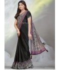 Black Crepe Satin Silk Digital Sequins Work Designer Saree