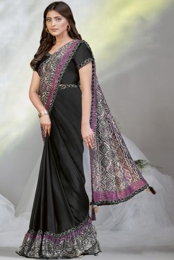Black Crepe Satin Silk Digital Sequins Work Designer Saree