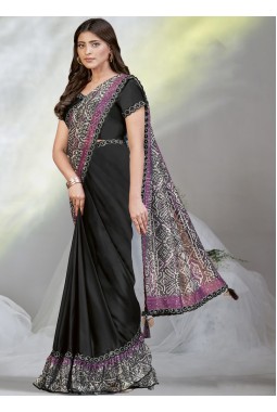 Black Crepe Satin Silk Digital Sequins Work Designer Saree