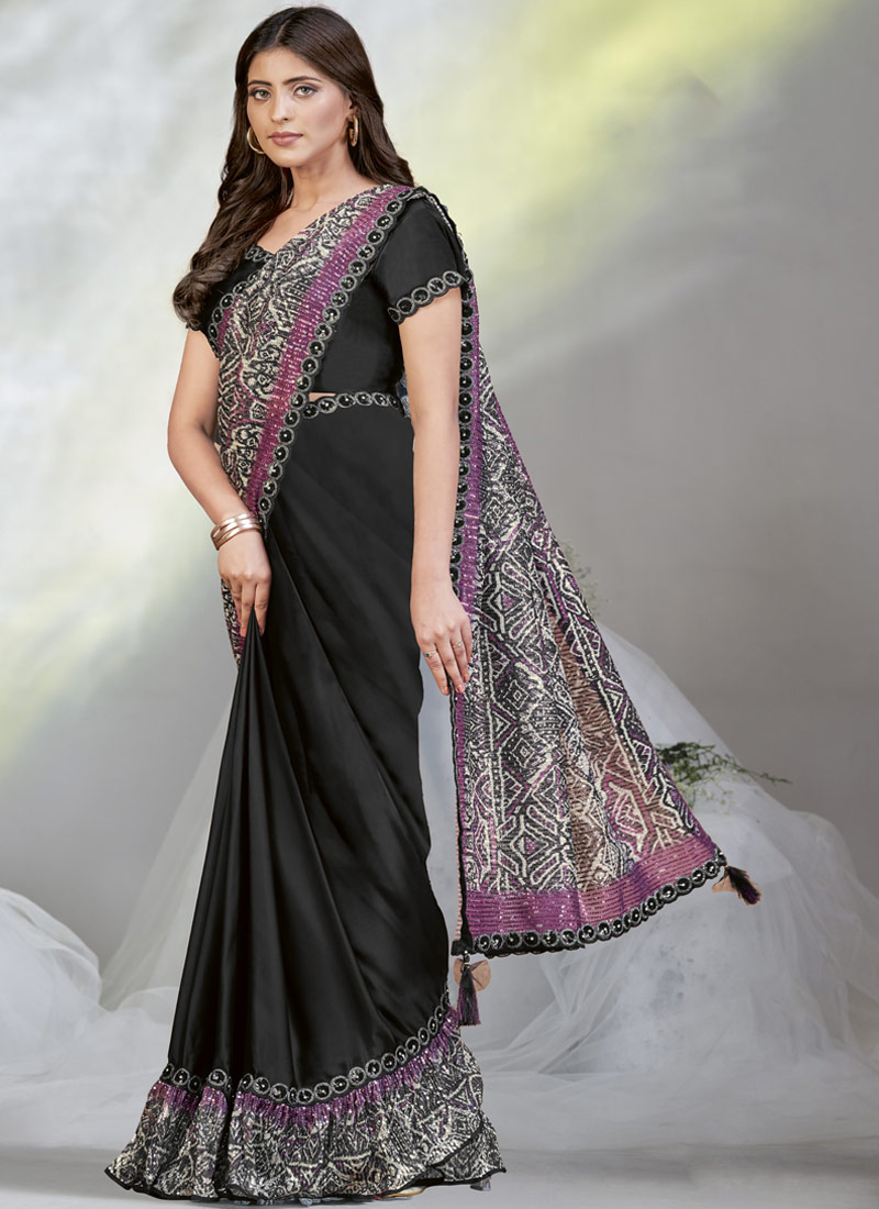 Black Crepe Satin Silk Digital Sequins Work Designer Saree