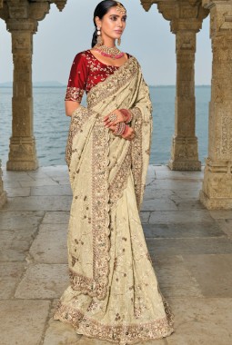 Cream Pure Banarasi Heavy Work Designer Saree